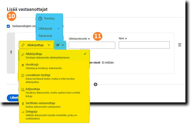 Lisää vastaanottajia -osio, jossa kaikki avattavat luetteloruudut ovat laajennettuina