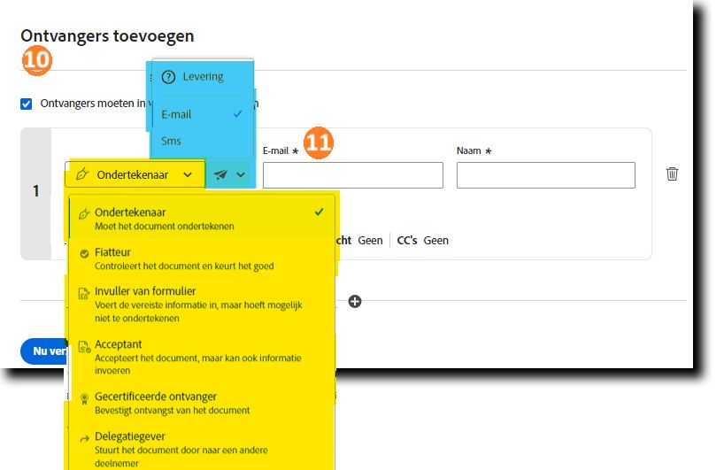 De sectie Ontvangers toevoegen met alle vervolgkeuzelijsten uitgebreid