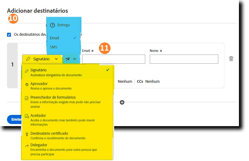 A seção Adicionar destinatários com todas as caixas suspensas expandidas