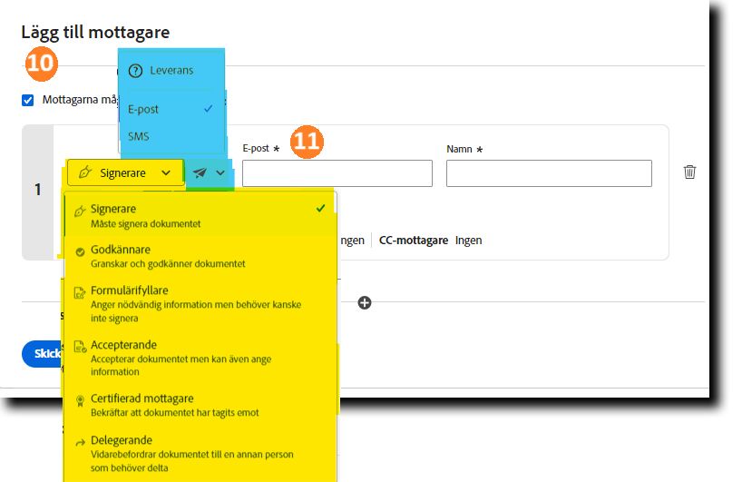 Avsnittet Lägg till mottagare med alla rullgardinsmenyer expanderade