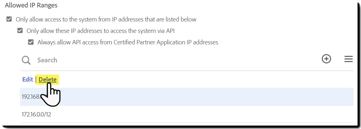O controle de Intervalos de IP Permitidos com a ação Excluir destacada