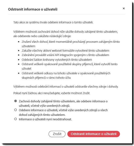 Panel varování „Odstranit informace o uživateli“
