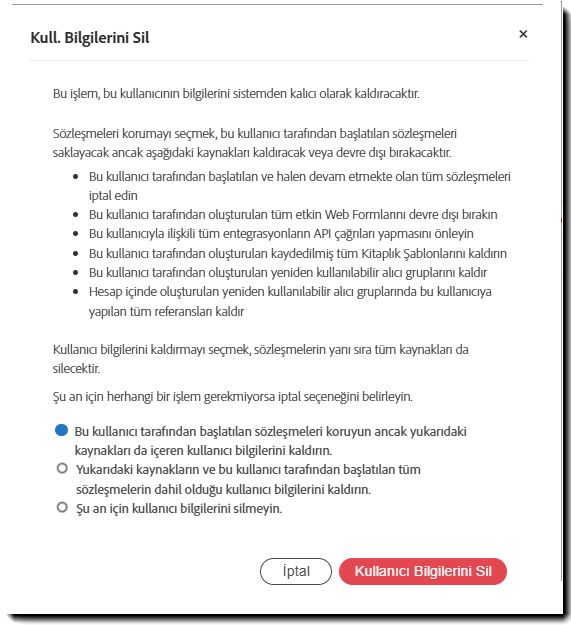 &quot;Kullanıcı Bilgilerini Sil&quot; uyarı paneli