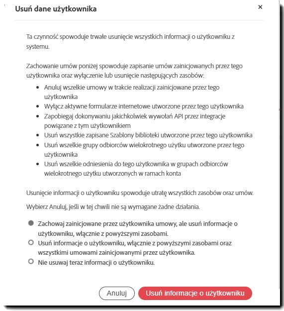 Panel ostrzegawczy „Usuń informacje o użytkowniku”