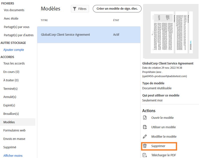 Sélectionnez l’action Supprimer pour le modèle
