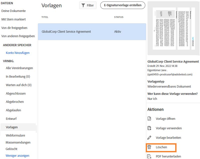 Auswählen der Aktion „Löschen“ für die Vorlage