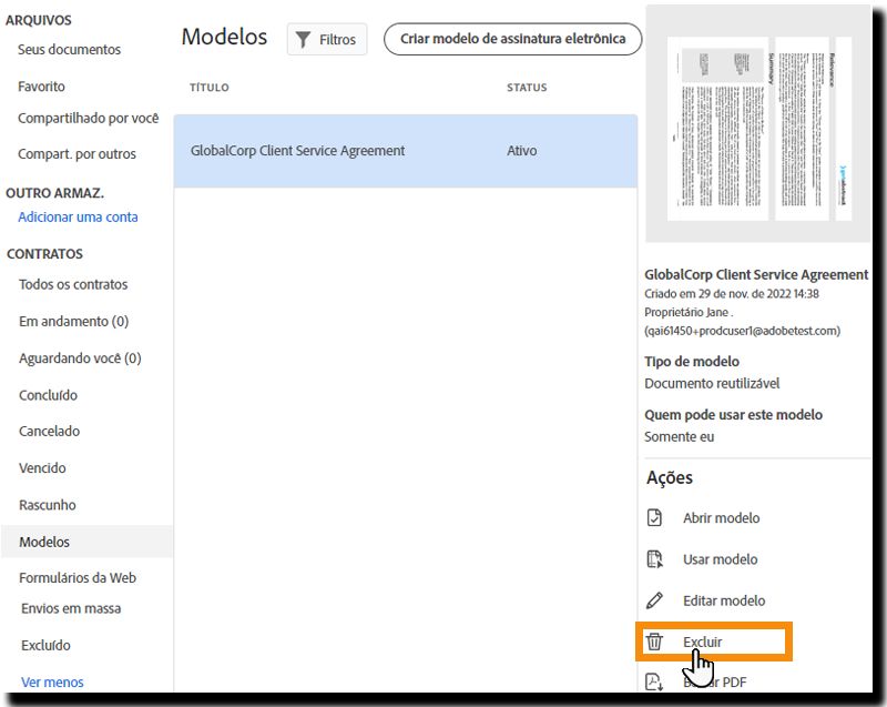 Selecione a ação Excluir para o modelo.