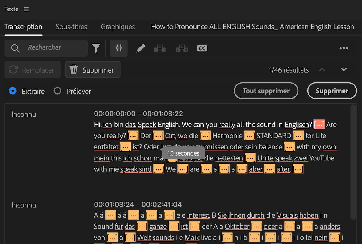 Interface utilisateur de l’onglet Transcription affichant l’action « Tout supprimer » exécutée sur toutes les pauses.