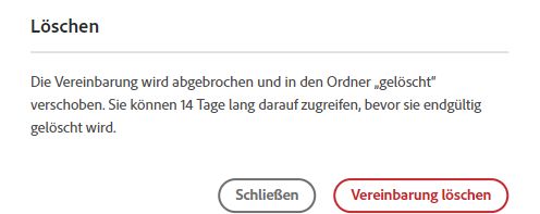 Warnmeldung zum Löschen einer Vereinbarung