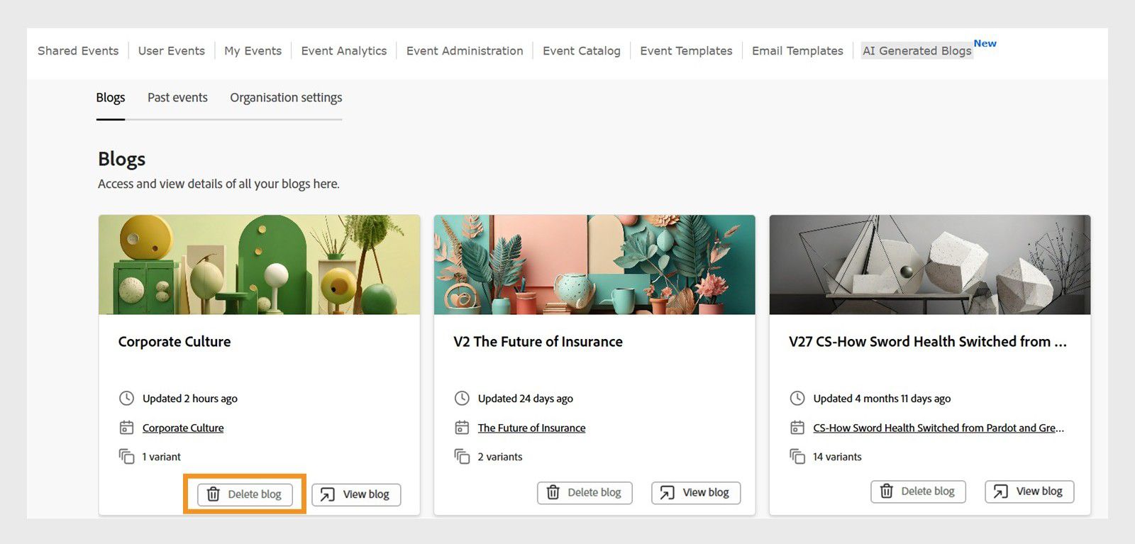 Blogs tab interface showing the created blogs