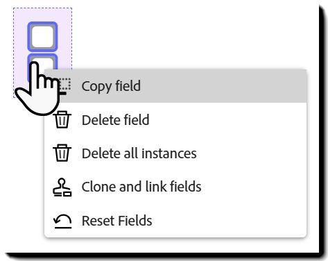 Nabídka po kliknutí pravým tlačítkem pro skupinu zaškrtávacích políček s možnostmi „delete field" a „delete all instances".