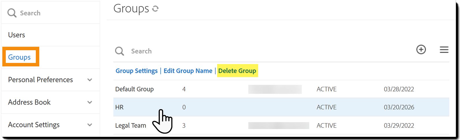 A guia Grupos com um grupo selecionado expondo os links de ação. 