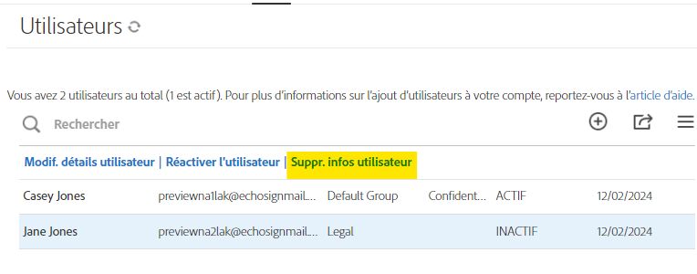 L’onglet Utilisateur affiche les options d’utilisateur inactif et le lien Supprimer les informations d’utilisateur est mis en évidence