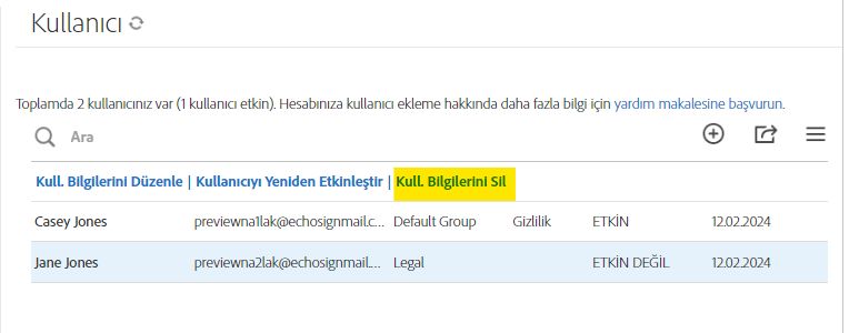 Etkin olmayan kullanıcı seçeneklerinin gösterildiği ve Kullanıcı Bilgilerini Sil bağlantısının vurgulandığı Kullanıcılar sekmesi