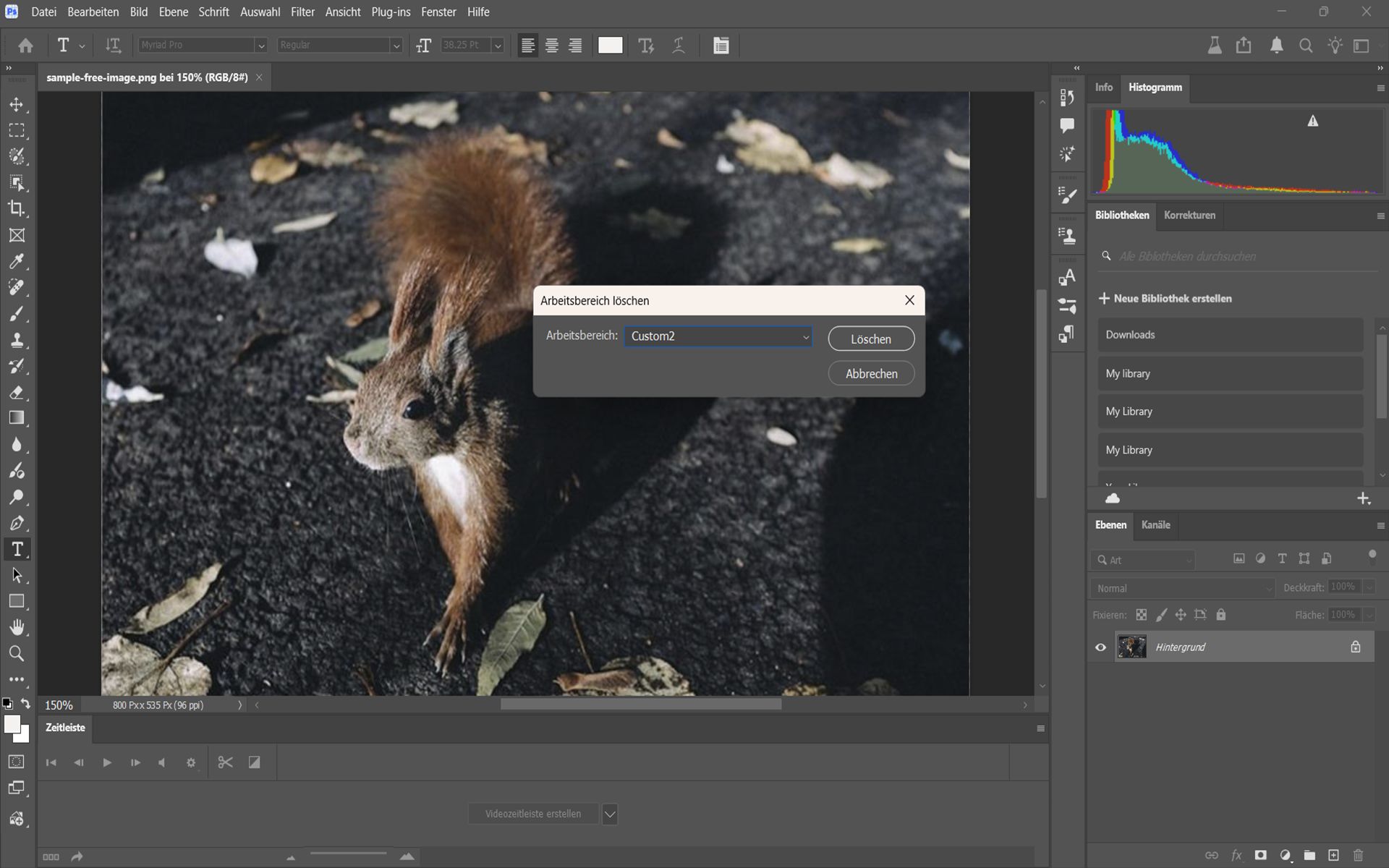 Dialog „Arbeitsbereich löschen“ in Photoshop mit Dropdown-Menü zur Auswahl eines Arbeitsbereichs und Button zum Entfernen.
