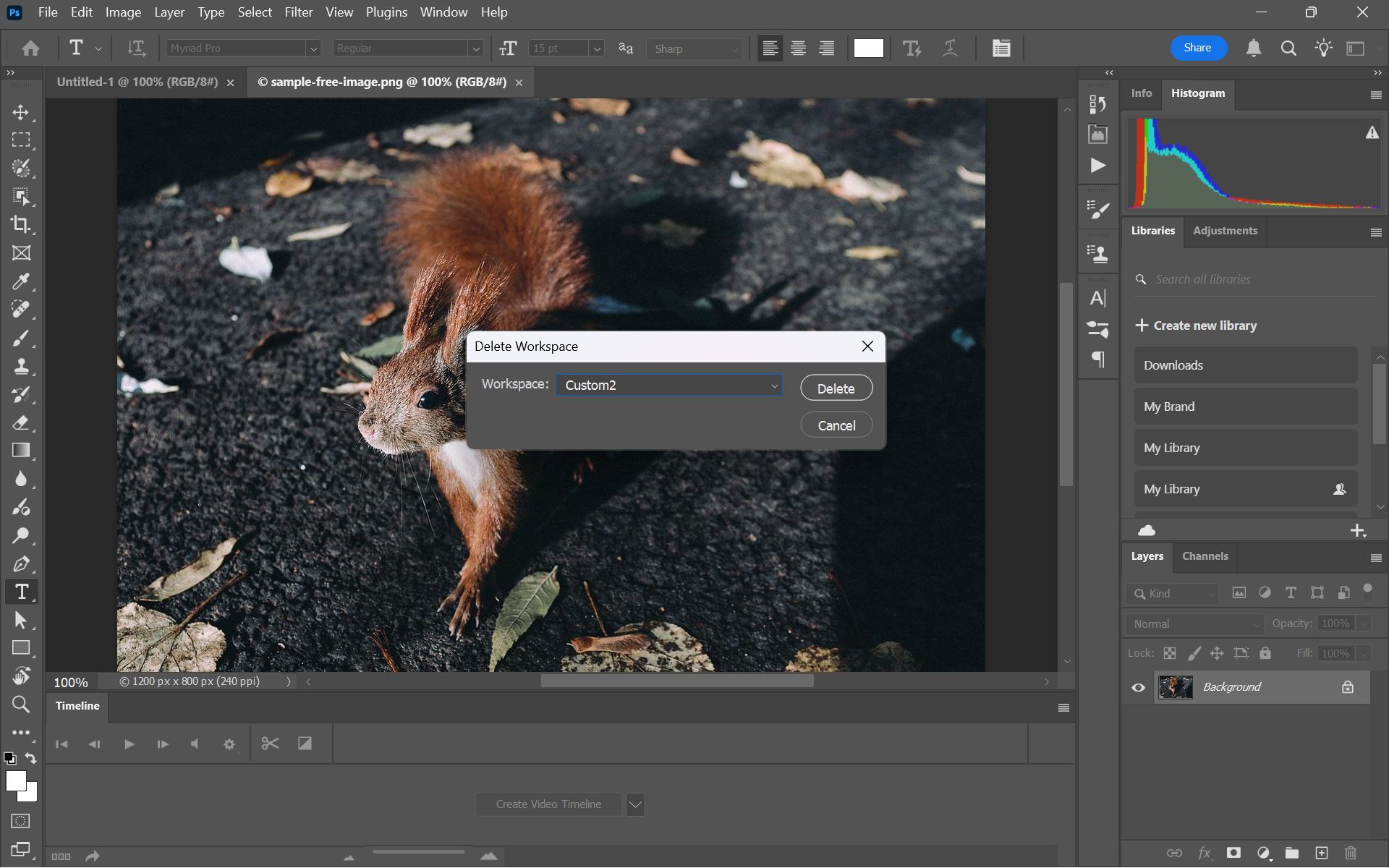 مربع حوار حذف مساحة العمل في Photoshop، يعرض قائمة منسدلة لتحديد مساحة عمل وزر Delete لإزالتها.