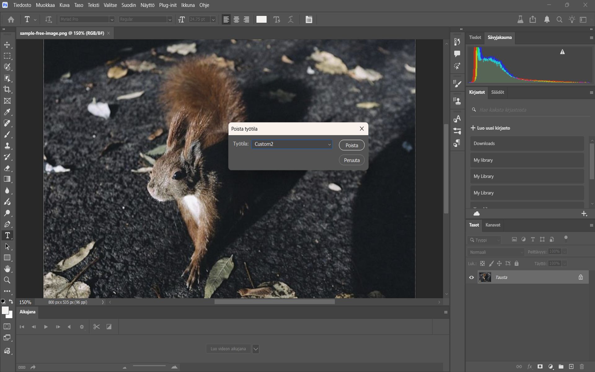 Photoshopin Poista työtila -valintaikkunassa on näkyvissä avattava valikko, josta voi valita työtilan, sekä Poista-painike, jolla voi poistaa työtilan.