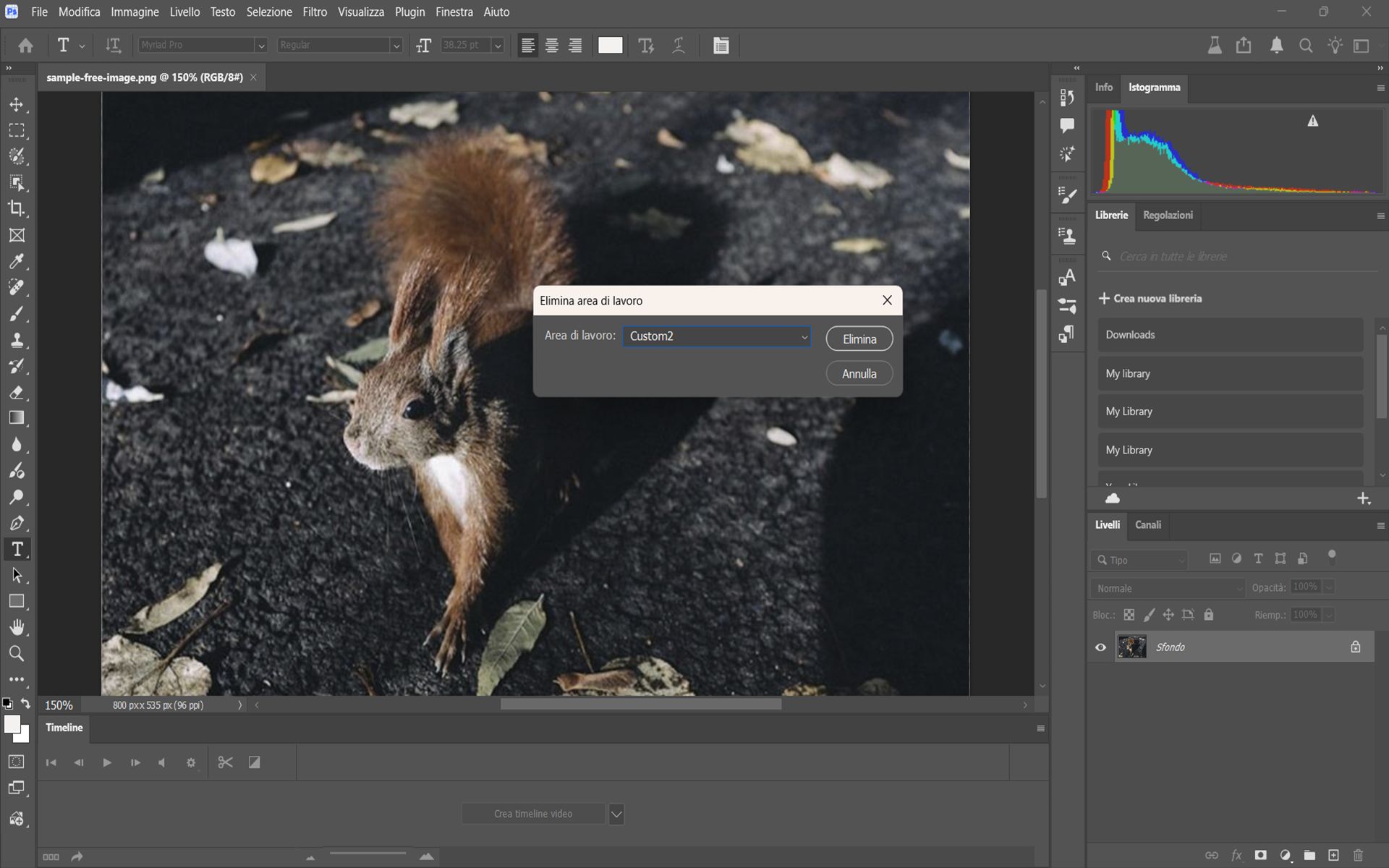 Finestra di dialogo Elimina area di lavoro in Photoshop, che mostra un menu a discesa per selezionare un'area di lavoro e il pulsante Elimina per rimuoverla.