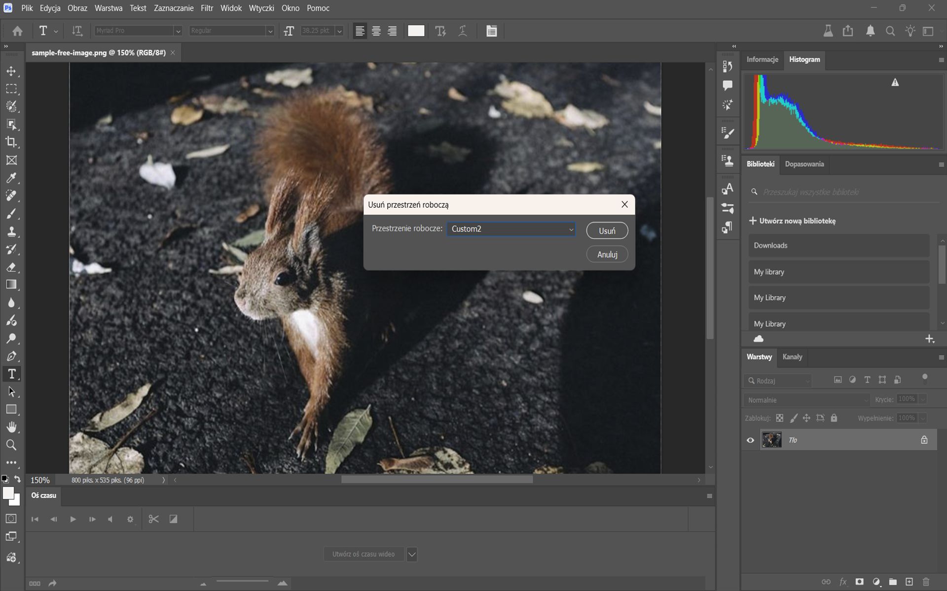Okno dialogowe Delete Workspace w photoshop, pokazujące menu rozwijane do wyboru przestrzeni roboczej i przycisk delete do jej usunięcia.