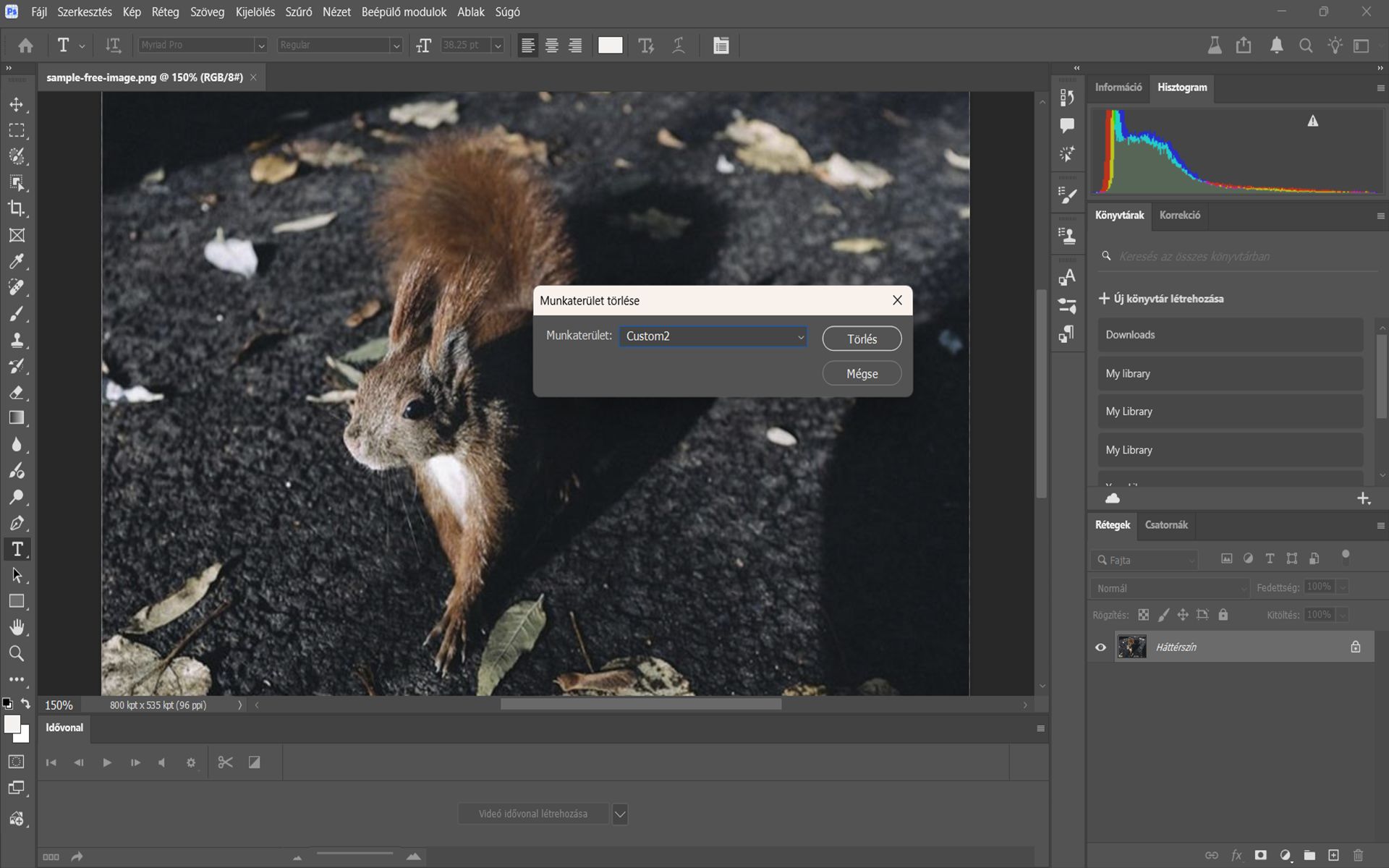Munkaterület törlése párbeszédpanel a Photoshopban, rajta egy legördülő menü látható a munkaterület kiválasztásához, és a törlés gomb az eltávolításhoz.