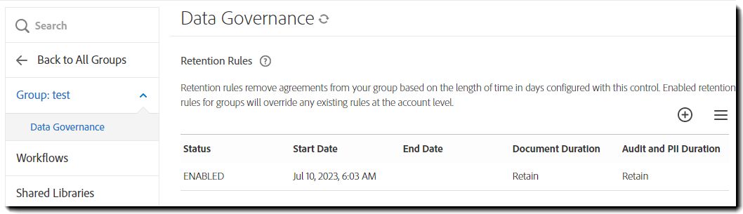 Eine gelöschte Gruppe mit den „Data Governance“-Einstellungen