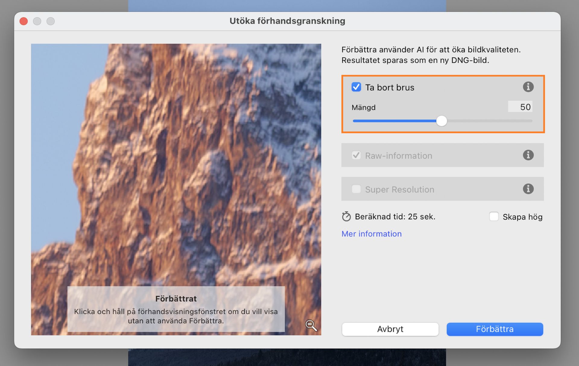 Fönstret Förhandsgranskning av Förbättra med Brusreducering med AI inställt på 50 där bildkvalitetsförbättring för en strålkastare på en bil visas.