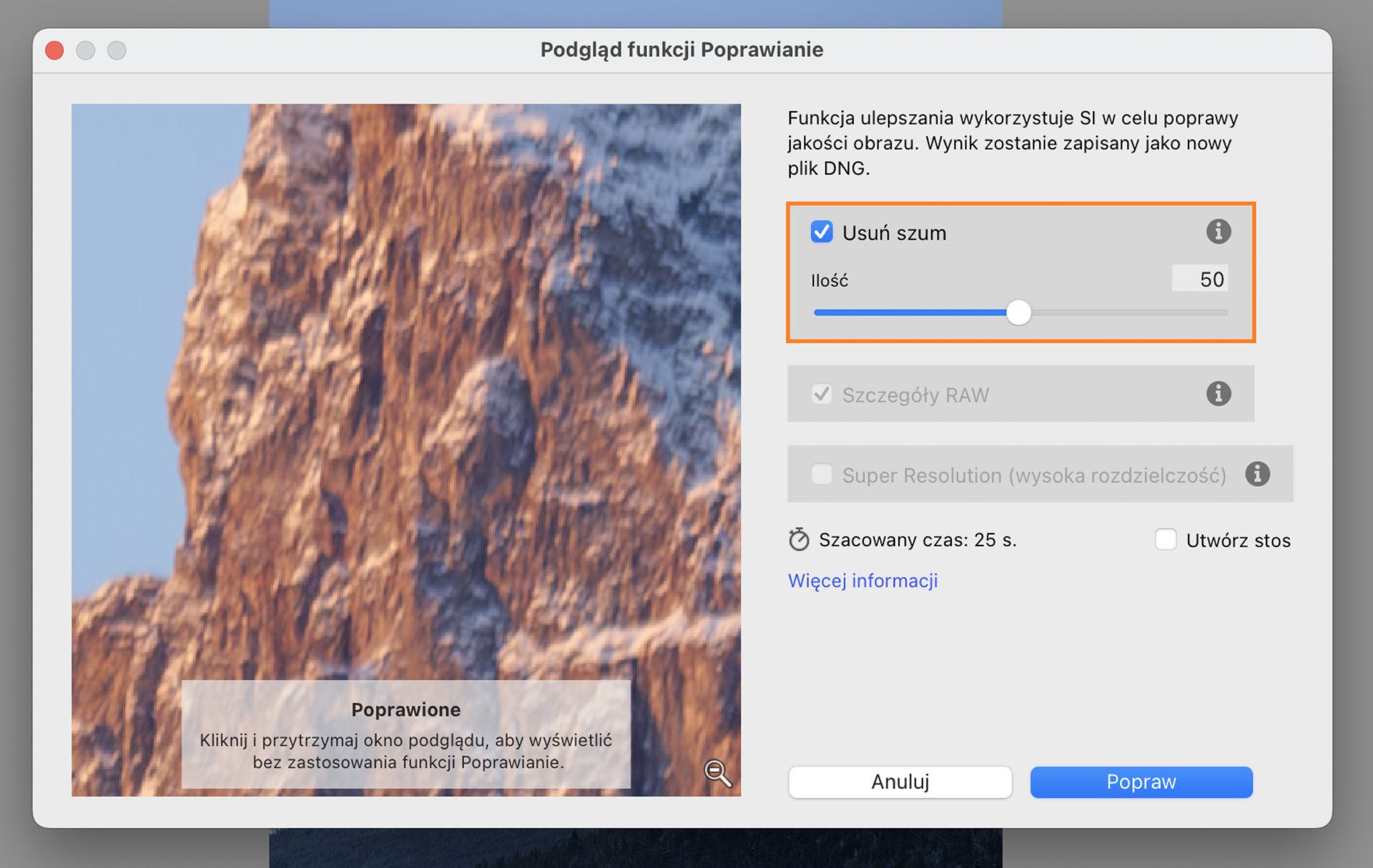 Obraz okna podglądu funkcji Ulepsz prezentujący wybór funkcji Usuwanie szumu oraz funkcje suwaka regulacji.