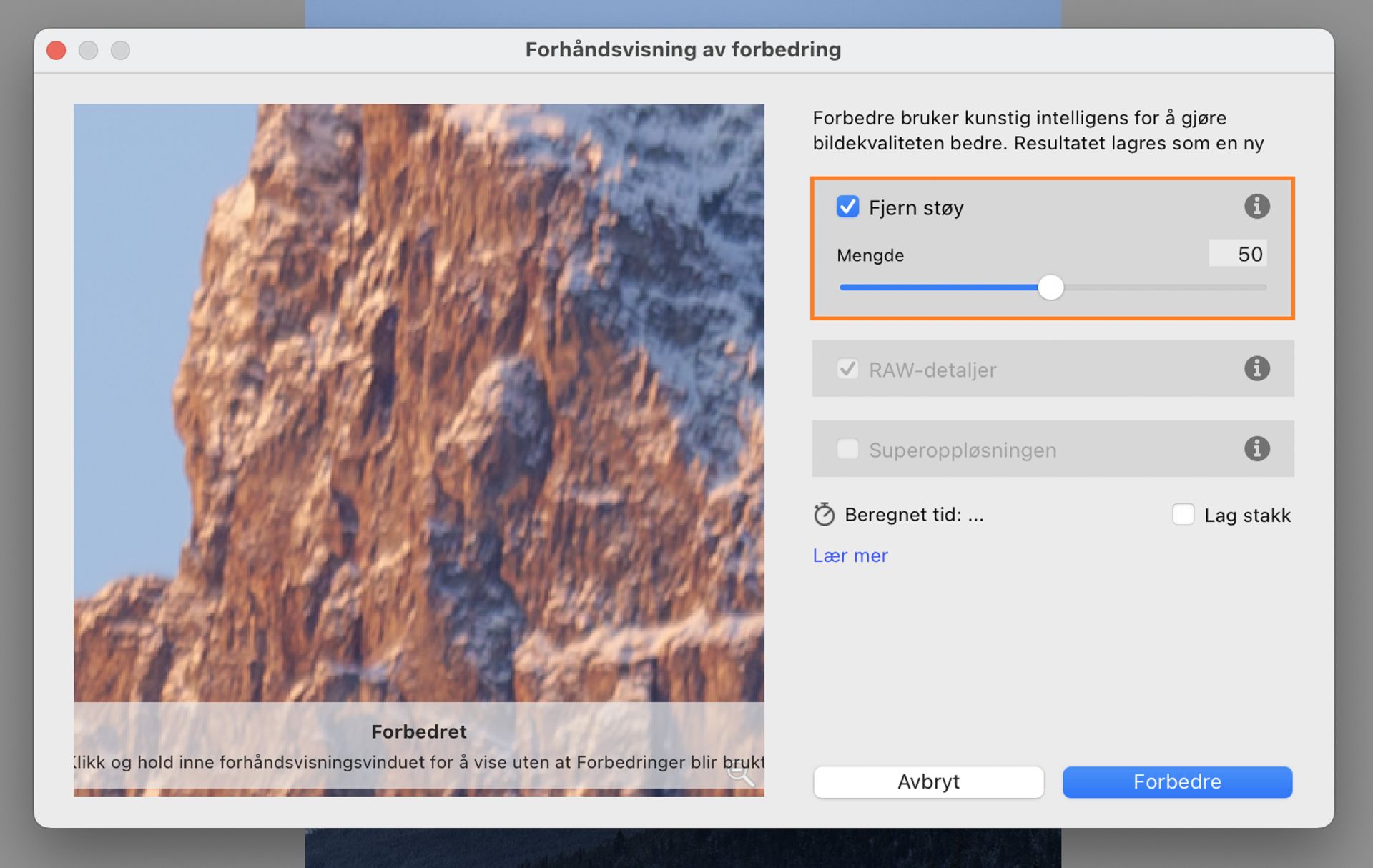 Et bilde av forhåndsvisningsvinduet for forbedring for å vise frem funksjonen for Fjern støy-markeringen og den tilhørende justeringsglidebryteren.