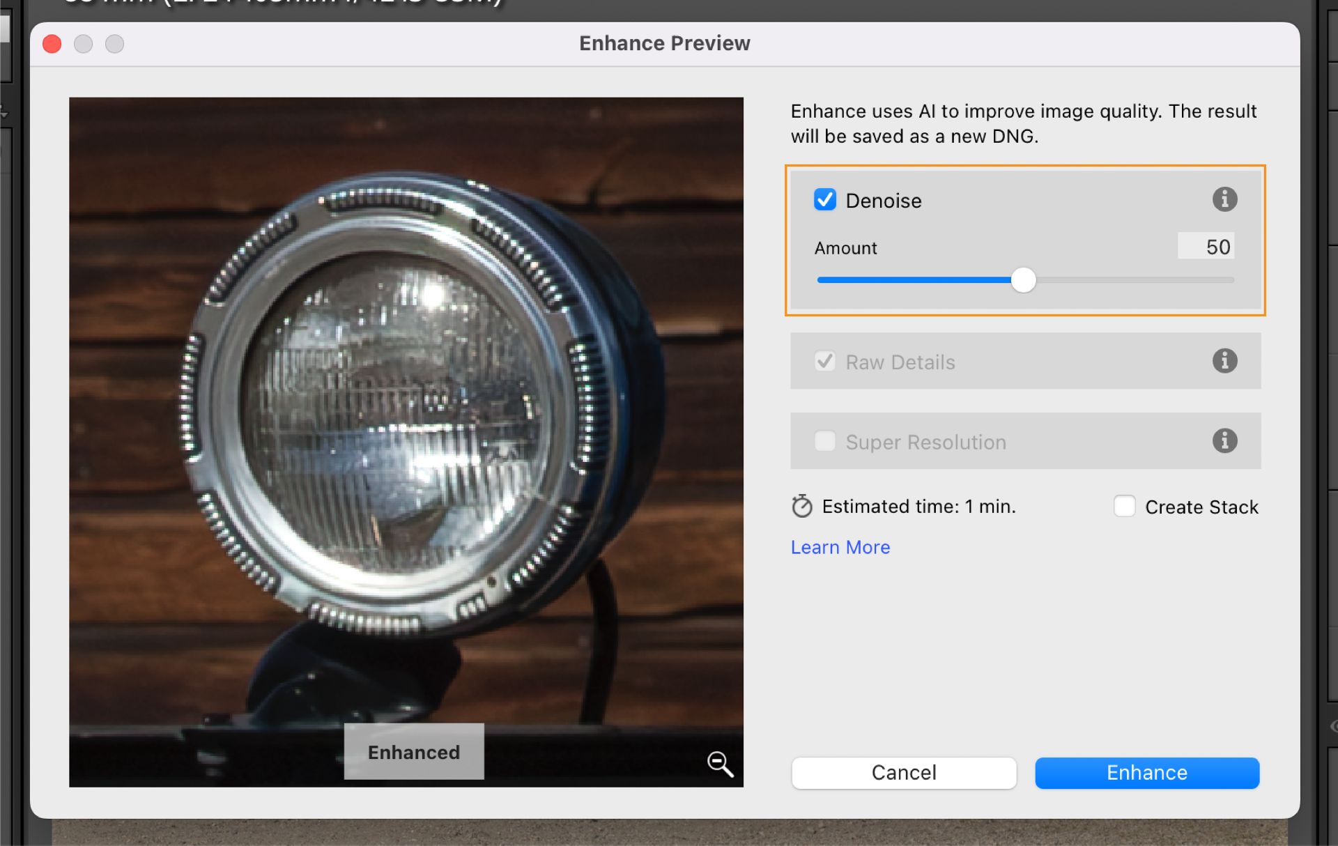 Enhance Preview box with AI Denoise set to 50, showing image quality improvement for a car headlight.