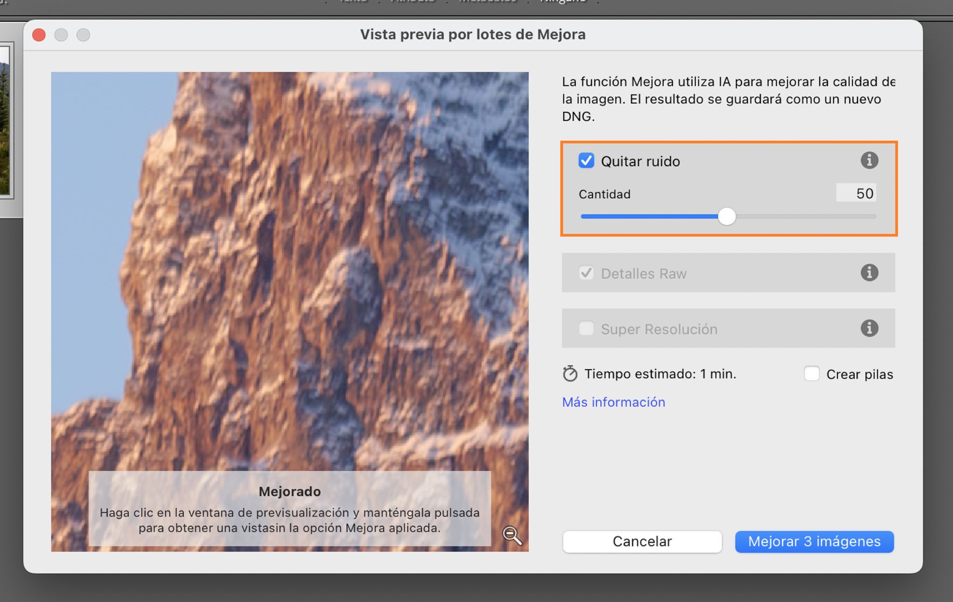 Ventana de Mejora por lotes en Adobe Lightroom Classic con la opción Quitar ruido definida en 50 para reducir el ruido y mejorar la claridad de la imagen en las fotografías seleccionadas.