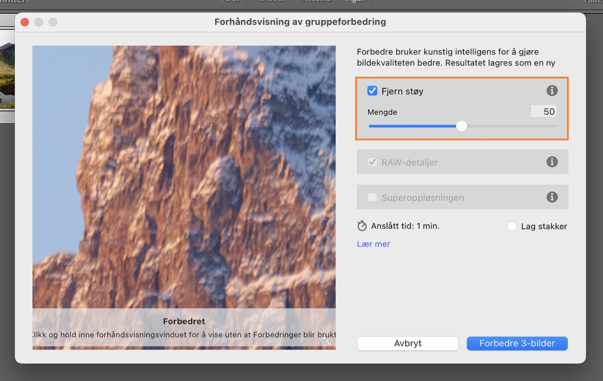 Gruppeforbedring-vindu i Adobe Lightroom Classic med Fjern støy satt til 50 for å redusere støy og forbedre klarheten til de valgte bildene.