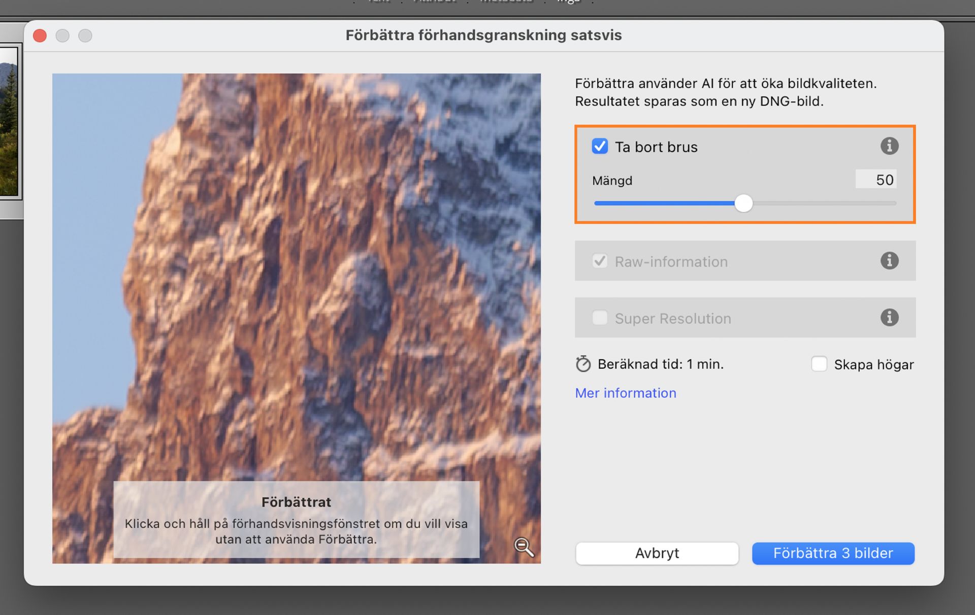 Fönstret Förbättra satsvis i Adobe Lightroom Classic med Ta bort brus inställt på 50 för att minska brus och förbättra bildskärpan på utvalda foton.