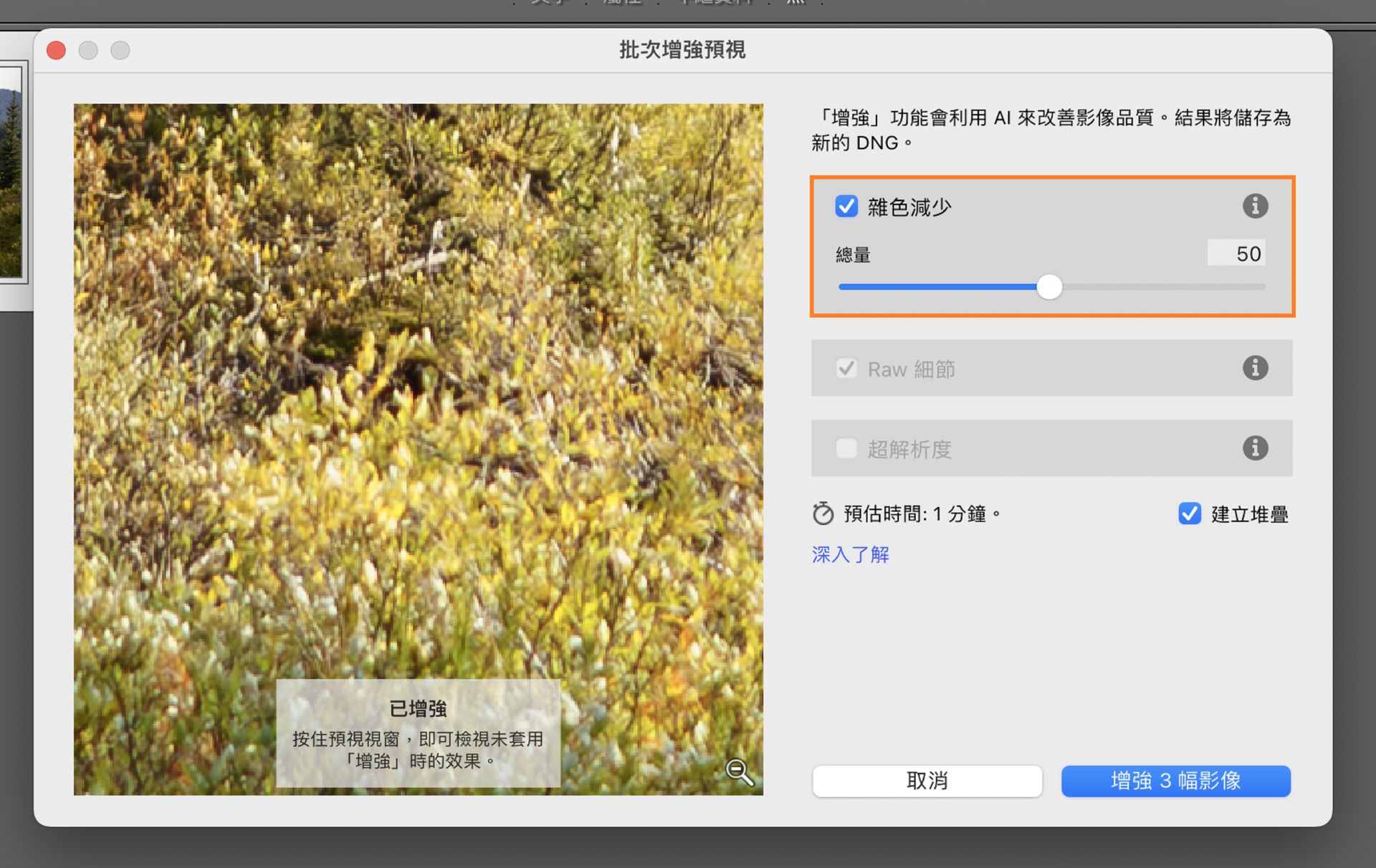 Adobe Lightroom Classic 中的「批次增強」視窗，「雜色減少」設為 50 以降低雜色，並提升所選取相片的影像清晰度。