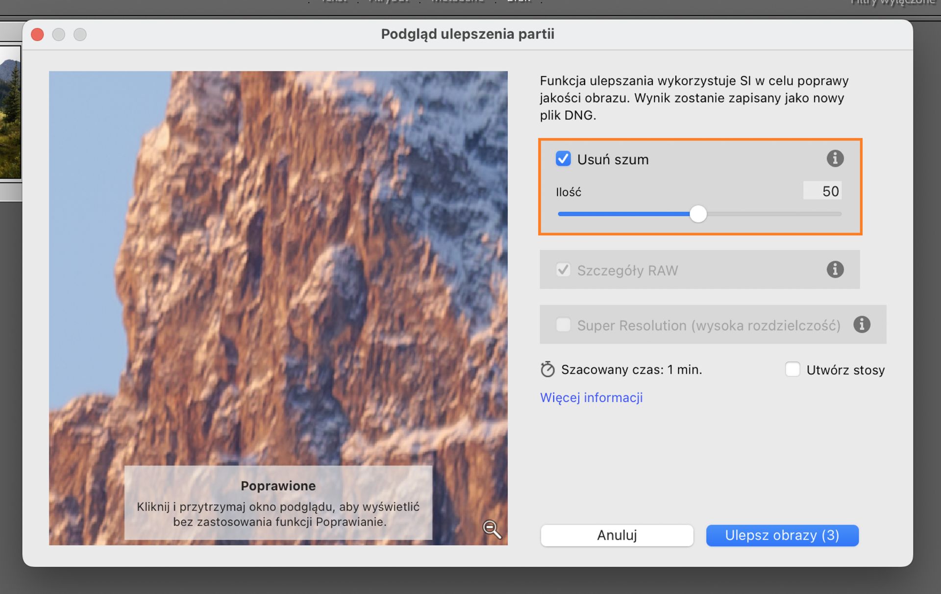 Okno ulepszania zbiorczego w programie Adobe Lightroom Classic z usuwaniem szumu ustawionym na 50 w celu redukcji szumu i poprawy przejrzystości obrazu na wybranych zdjęciach.