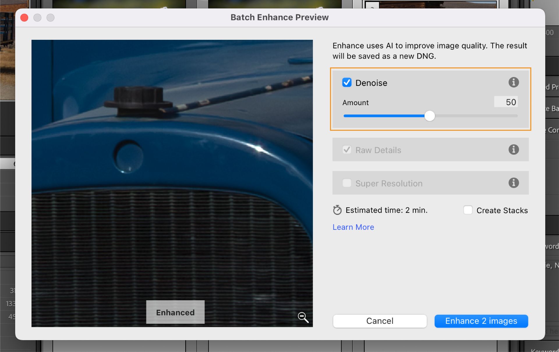 Batch Enhance window in Adobe Lightroom Classic with Denoise set at 50 to reduce noise and improve image clarity in selected photos.