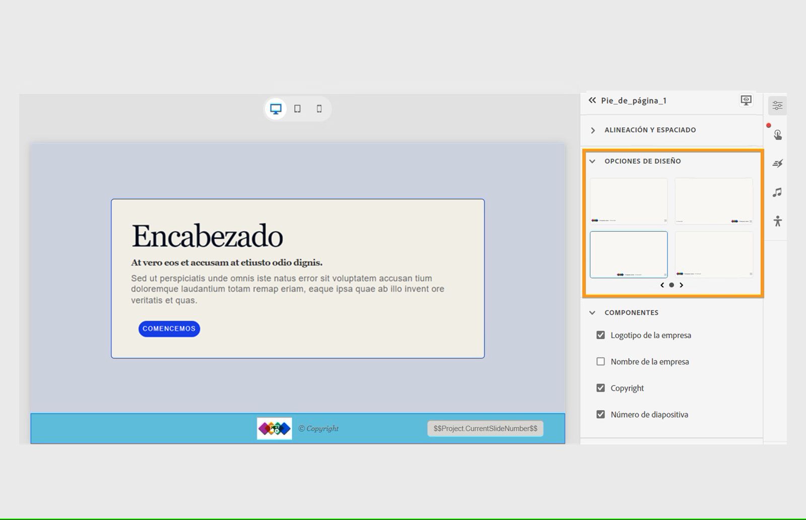 Opciones de diseño de un pie de página