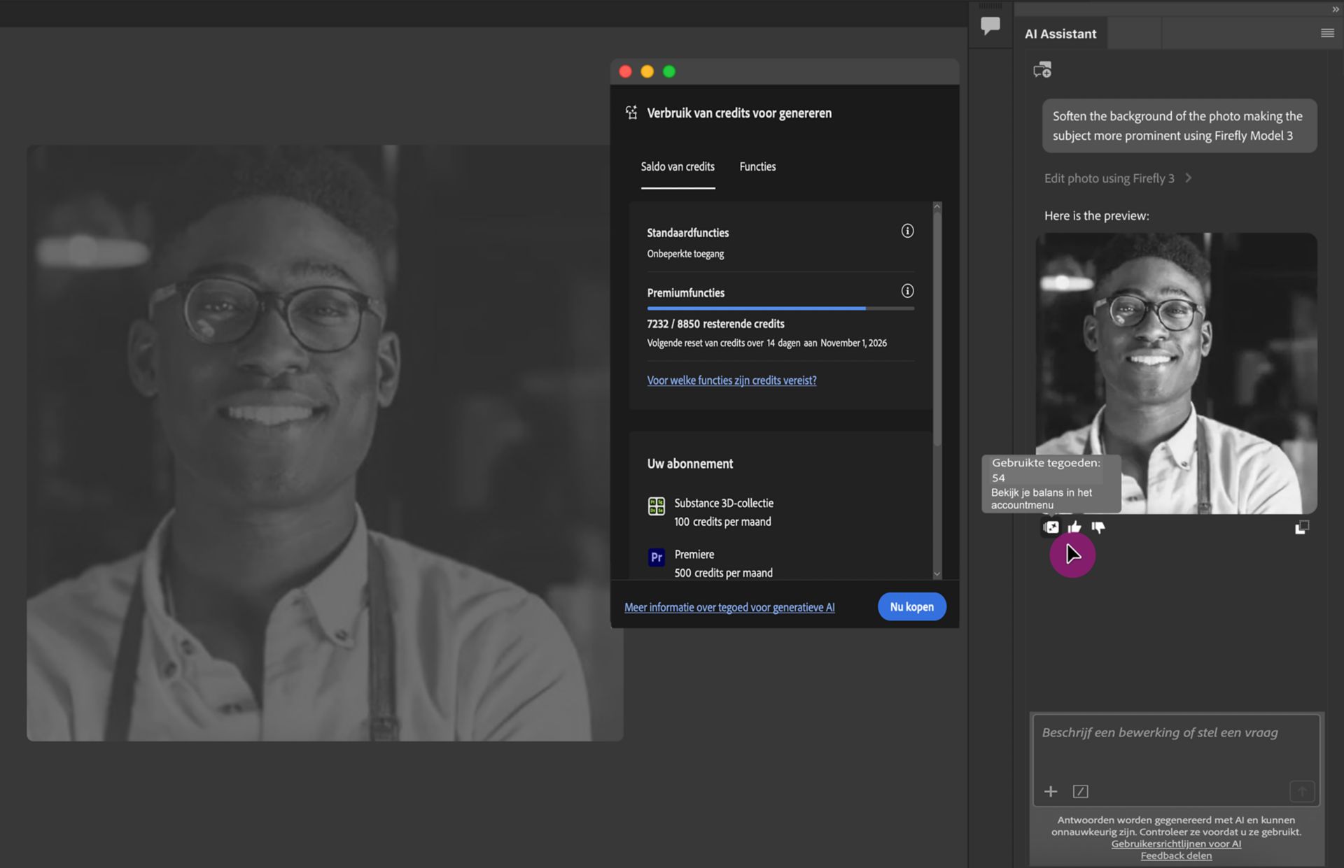 Dialoogvenster voor gebruik van generatieve tegoeden met 350 van de 500 resterende premium tegoeden en een bewerking door de AI-assistent waarvoor vijf tegoeden zijn gebruikt.