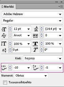 InDesign-merkkipaneeli, jossa näkyy heprean aksenttimerkkien asennon säätimet.
