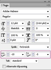 Tegnpanelet i InDesign viser kontroller for å justere plassering av diakritiske hebraiske merker.
