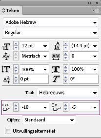 Het deelvenster Teken van InDesign bevat besturingselementen om de Hebreeuwse diakritische posities aan te passen.