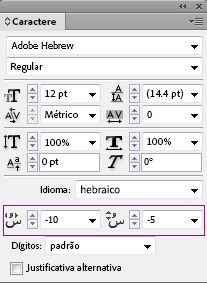 Painel Caractere do InDesign mostrando controles para ajustar as posições da marca diacrítica em hebraico.