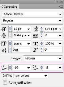 Panneau Caractère InDesign affichant des commandes pour ajuster les positions des signes diacritiques en hébreu.