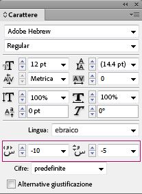 Pannello Carattere di InDesign con i controlli per regolare le posizioni dei segni diacritici in ebraico.