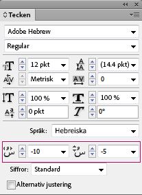 Panelen Tecken i InDesign visar kontroller för justering av diakritiska tecken på hebreiska.