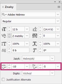 Panel Znaky aplikace InDesign zobrazující ovládací prvky pro nastavení polohy diakritických znaků v hebrejštině.