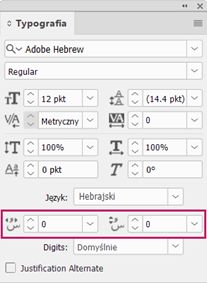 Panel Typografia w programie InDesign z elementami sterującymi do regulacji pozycji znaków diakrytycznych w hebrajskiej wersji językowej.