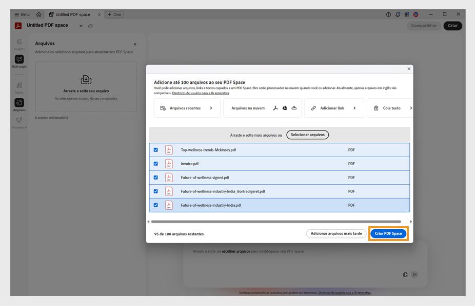 Caixa de diálogo para adicionar arquivos de origem a um PDF Space, com opções para fazer upload do dispositivo, armazenamento na nuvem, entrada de texto ou URL da web.
