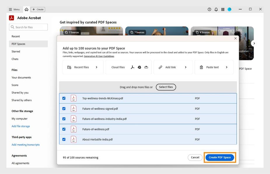 Dialogboks til tilføjelse af kildefiler til et PDF Space med muligheder for at uploade fra enhed, Cloud-lagring, tekstinput eller web-URL.