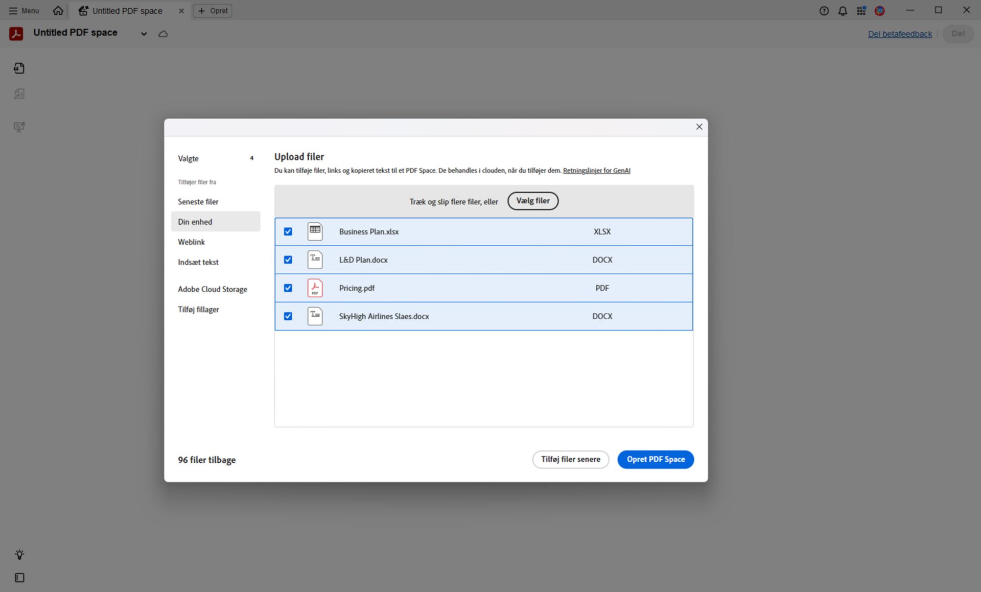 Dialogboks til tilføjelse af kildefiler til et PDF Space med muligheder for at uploade fra enhed, Cloud-lagring, tekstinput eller web-URL.