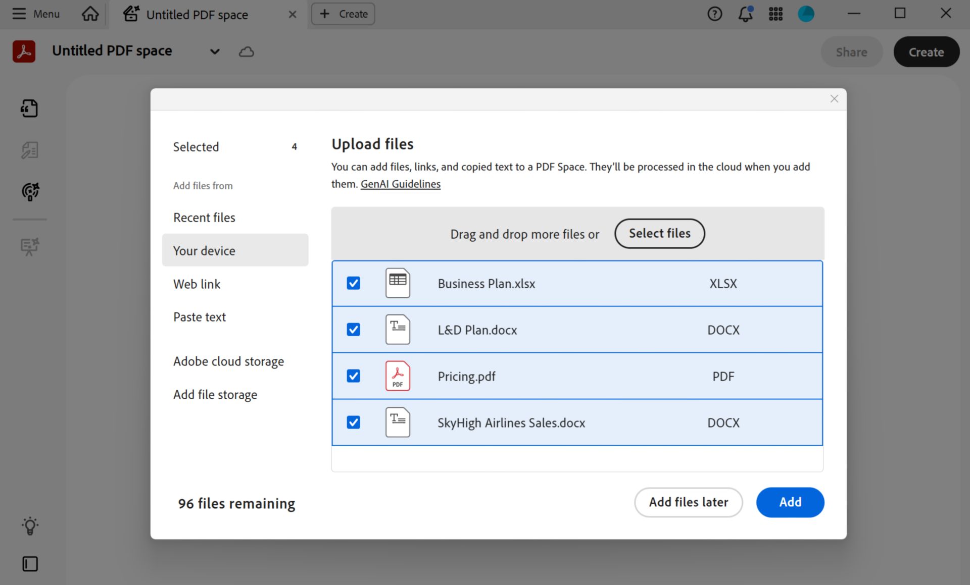 Dialog box para sa pagdaragdag ng mga source file sa isang PDF Space, na may mga opsyon para mag-upload mula sa device, cloud storage, text input, o web URL.